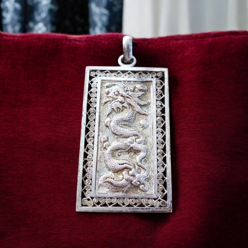 Vintage Silver Oriental Dragon Filigree Pendant 925
